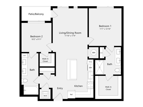 Floor plan for 2 beds, 2 baths, 1046 sqft